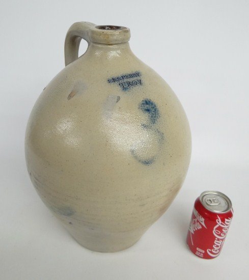 19th c. Stoneware Jug: 19th c. ovoid stoneware jug marked "S.S.S. Perry Troy 3", 16" Ht.