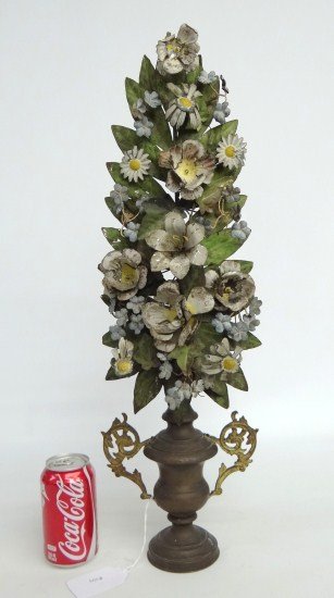 Tole Painted Flowers: Late 19th c. tole flowers in flowerpot. 25" Ht.