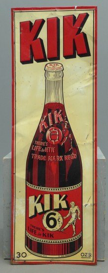 Trade Sign: C. 1930's "KIK" (cola) trade sign with football player motif. 13" W 39" Ht.