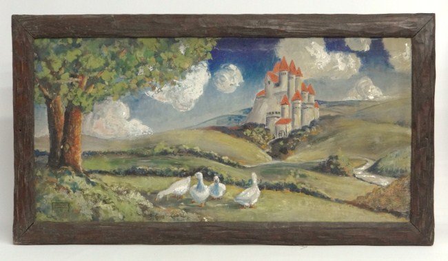 Painting Harlan Crandall: Painting oil on canvas castle and ducks signed "Harlan Crandal III", sight 20" x 41 1/2", imperfections.