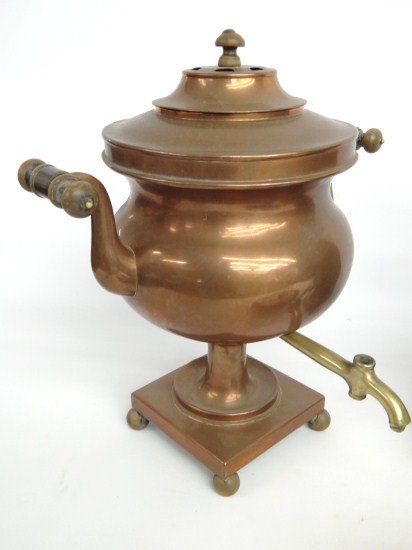 Copper Lot: Lot four piece copper including bedwarmer signed "Paul Leistner Sons...St. Charles. MO", two handled pot and two coffee urns.