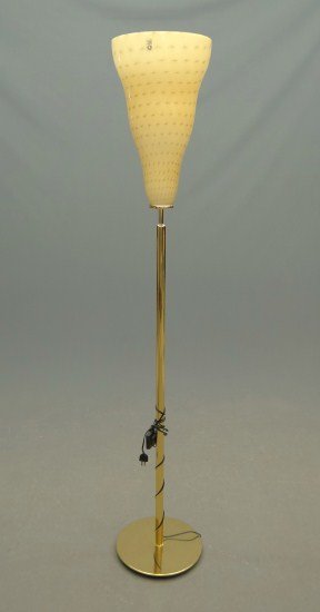 Lamp: Modern brass floor lamp with art glass shade. 70" Overall Ht. Shade labeled Italy.