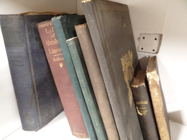Book Lot: Lot misc. books including 1847 Bible, Leslies History Spanish American War, Senate books, ledger books, Atlas, New York At The Columbian Exposition etc.