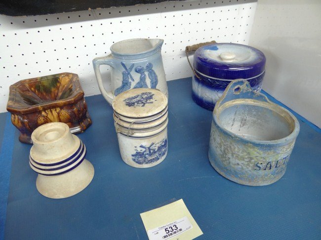 Misc. Lot: Misc. lot six pcs. including Rockingham glaze spittoon, Dutch theme pitcher, salt box, butter container etc., imperfections.