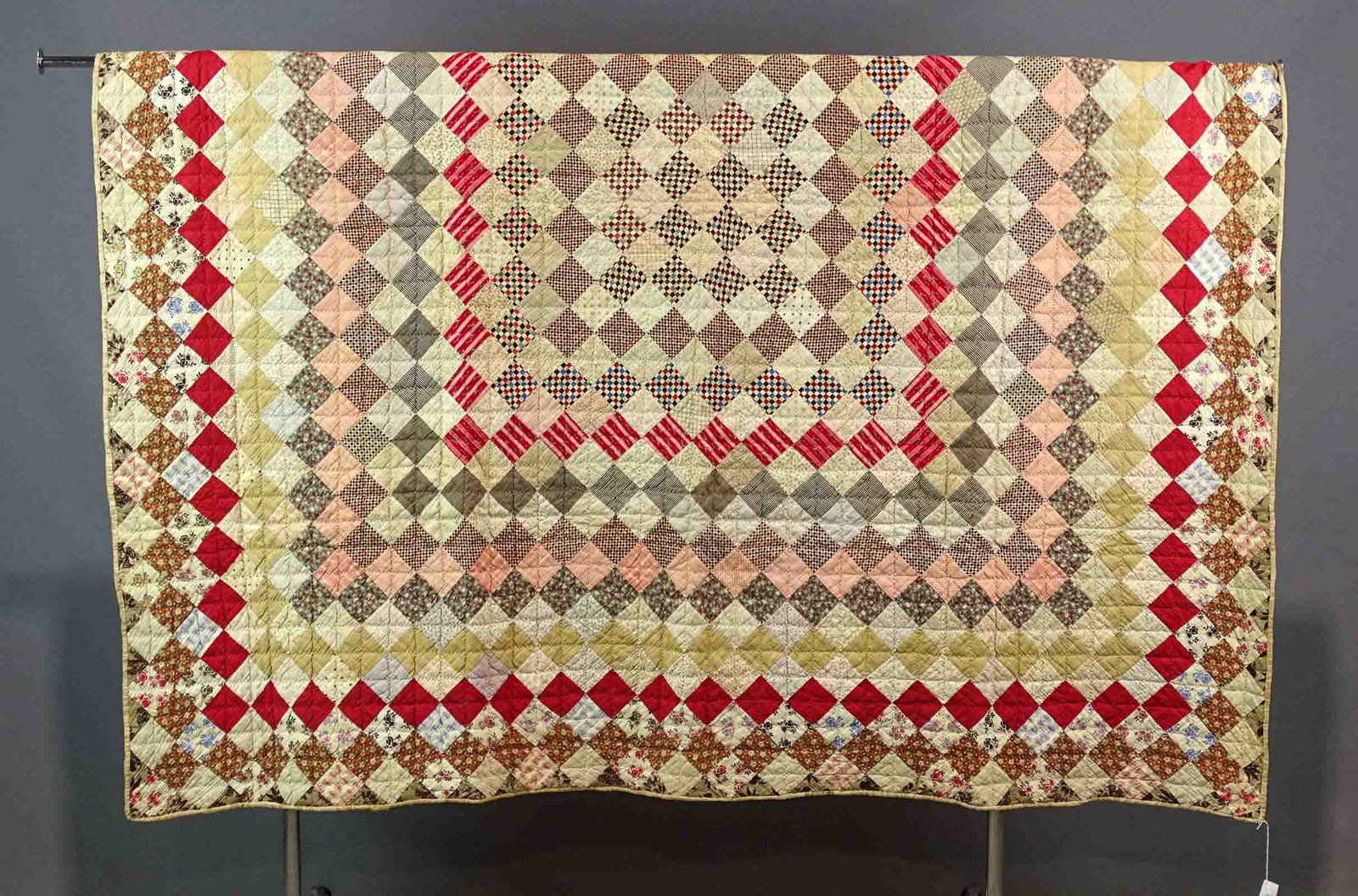 Trip Around the World Quilt: 19th c. Trip Around the World quilt. 72" x 72". Imperfections.