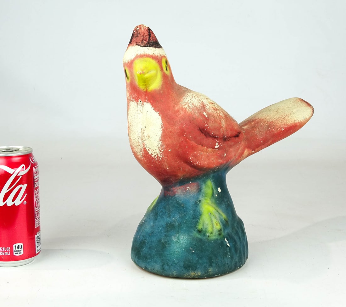 Chalkware Bird: C. 1940's painted chalkware bird (Cardinal). 12" W., 10 1/2" Ht.).
