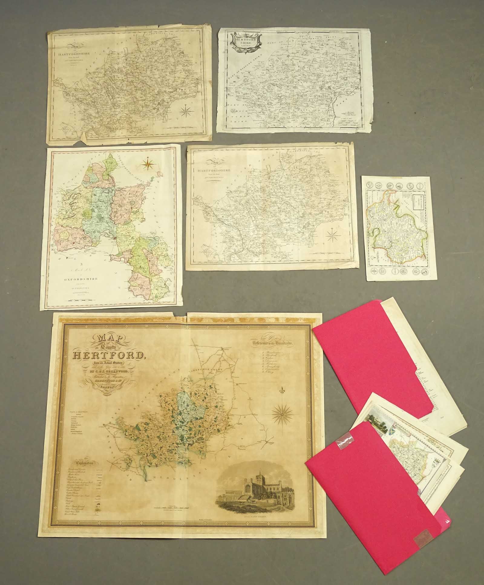 Antique English Map Lot: Lot of antique maps, Hertfordshire, and Oxfordshire, England. Including Map of the County of Hertford, C & J. Greenwood 1834. With numerous other maps various sizes, 18th through 20th Centuries.