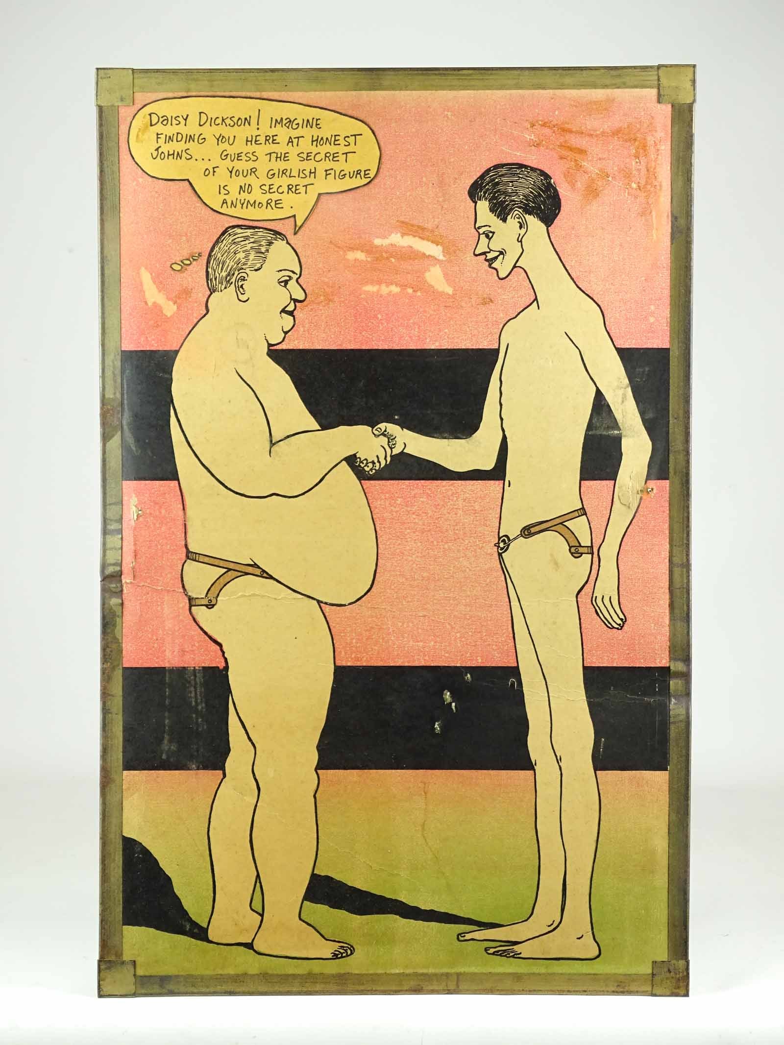 Men on Beach, Original Cartoon: Two Men on a Beach. Each man nearly nude having a conversation. Watercolor on paper, mounted on board. Apparently bawdy or sexual humor, c. 1970s? Creases, abrasions, losses, incoloring, small holes. 