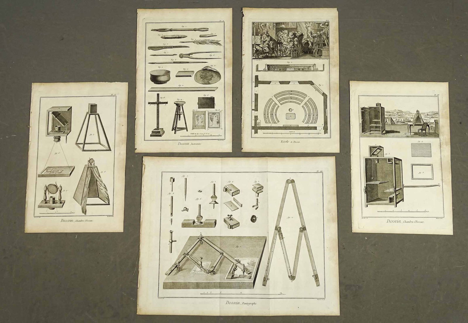 Diderot Antique Prints of Artist's Instruments (5): Dessein. 5 Prints Diderot and d'Alembert, Encyclopedie des Sciences, Arts, Metiers. Paris: c. 1751-1770s, folio. 5 prints of artists tools and instruments including pantograph and camera obscura. Deni