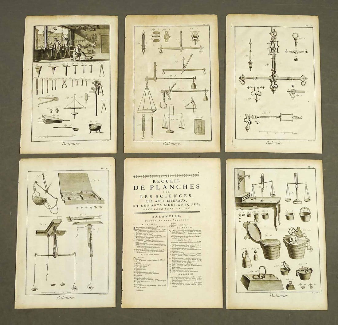 Diderot Antique Prints of Balance Scales (5): Balancier. Plates 1 to 5. Diderot and d'Alembert, Encyclopedie des Sciences, Arts, Metiers. Paris: c. 1751-1770s, folio. 5 Engravings of making balance scales and weights. Denis Diderot (1713–1784).