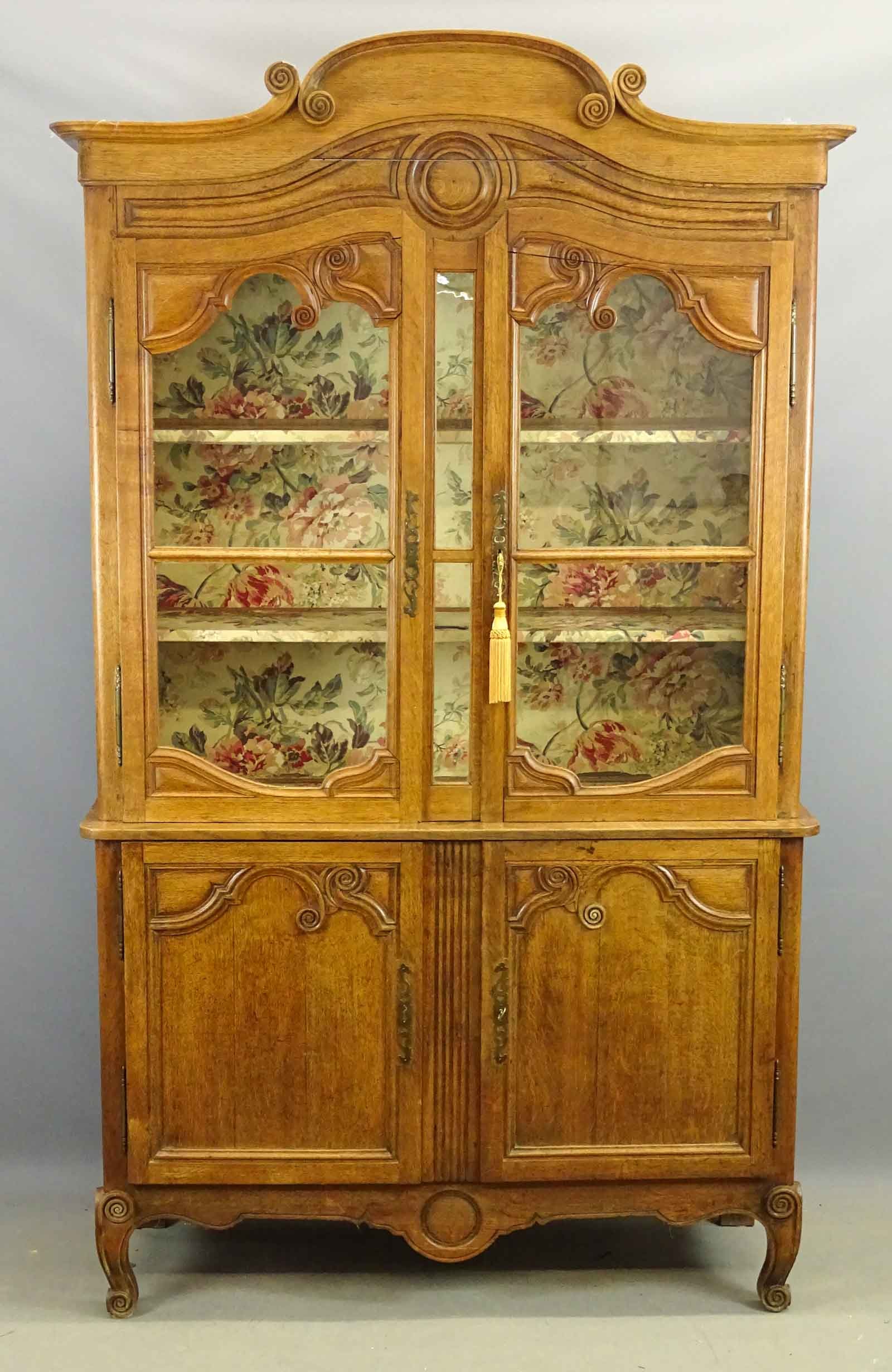 French Cupboard: Two part French cupboard. Removable cornice. 54" x 17" x 9' 2 3/4" Ht..
