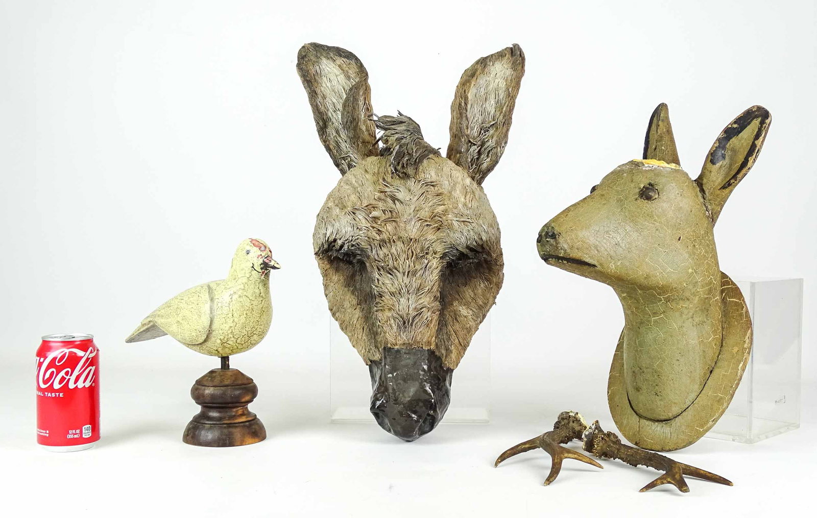 Misc. Lot: Lot including composition dove on stand (13" x 9 1/2" Ht.), mixed media donkey mask signed "2004 Sally Shaffer" (20" L.), animal carving (as found).