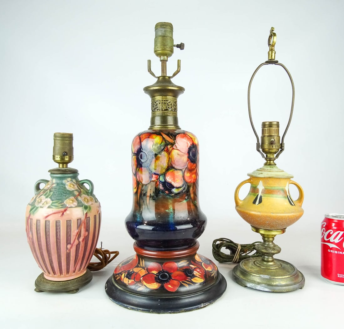 Lamp Lot: Lot (3) pottery lamps including Moorcroft. Tallest 19" Ht.. All need rewiring. Barbara Packer Collection.