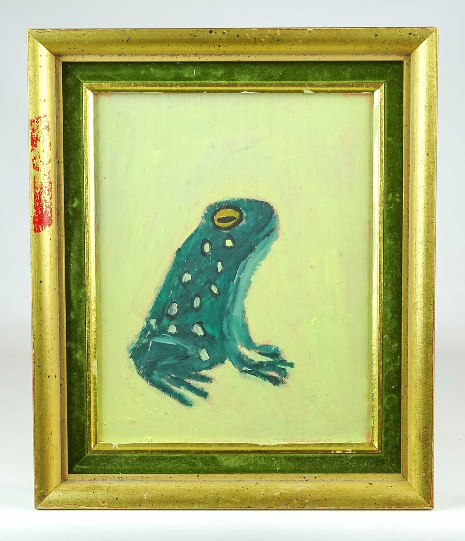 Painting Signed Earl: Painting: Frog, signed verso "Earl" (Hudson Artist). Oil on panel. Overall in frame 13" x 11". Barbara Packer Collection.