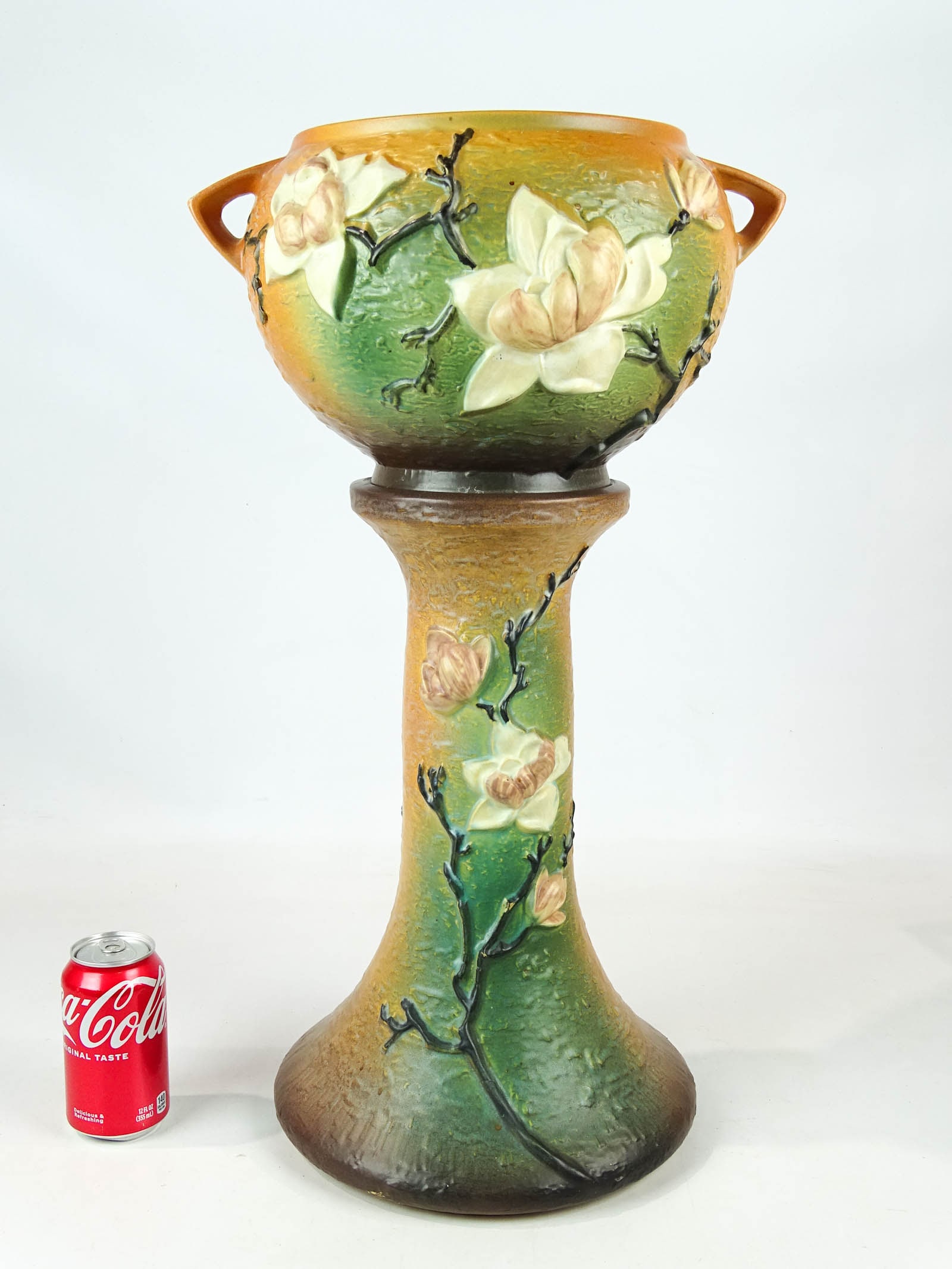 Roseville Jardiniere & Pedestal: Roseville jardiniere and pedestal. 25" Ht. Barbara Packer Collection.