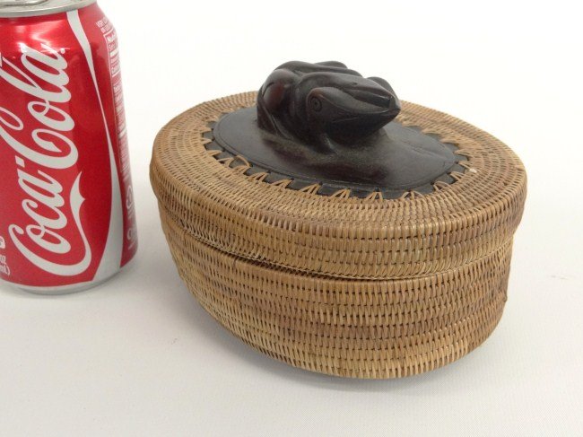 Haida Northwest Coast Basket: Haida (Tribe) Northwest Coast basket with frog on lid. 6 1/2" Length 4" Ht.