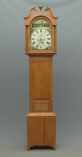 19th c. Grandfather Clock: 19th c. pine case grandfather clock. Works marked "Geo Dun Douglas", (Isle of Man maker). 80" Ht. Purchased by consignor in England C. 1975. Provenance McCutcheon collection New Jersey.