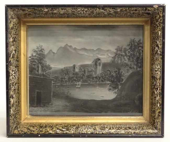 Sandpaper Drawing: 19th c. Hudson River School sandpaper drawing. Sight 7 3/4" x 9 3/4".