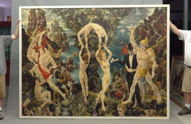 Painting Gert Wollheim: Painting oil on wood panel titled "Der Mazen" by Gert Wollheim (Germany 1894-1974). Provenance The Hotchkiss School Lakeville Ct., 72" x 96".