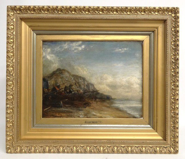 Painting Sam Bough: 19th c. oil on board view from shore signed and dated "Sam Bough 1859" (United Kindom/Scotland/England 1822-1878). Sight 13 1/2" x 17 1/2".