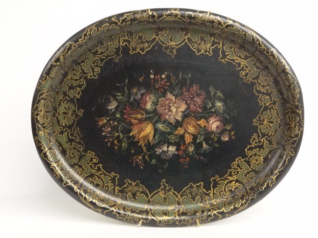 19th c. Papier Mache Platter: 19th c. paint decorated papier mache platter. 29 1/2" x 24 1/2".