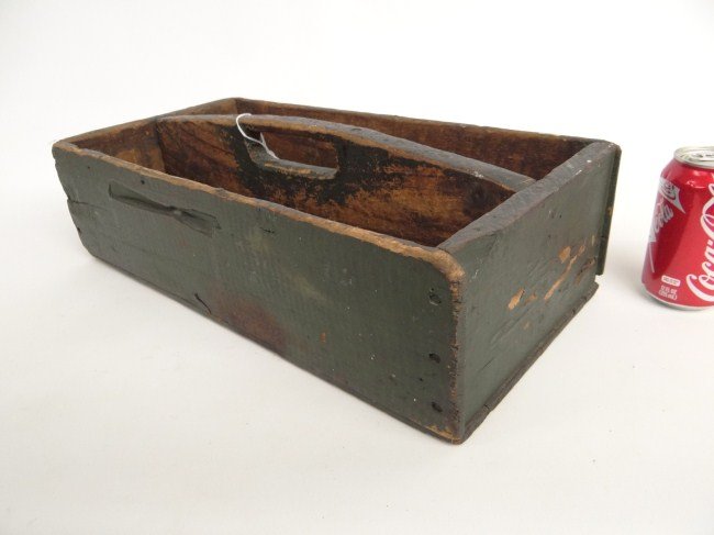 19th c. Tool Carrier: 19th c. tool carrier in old green paint. Has double compartment interior. 19" Length 10" D 6 1/2" Ht.