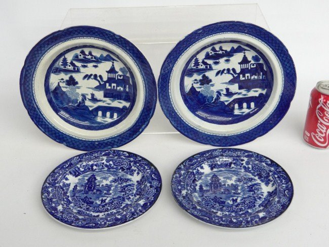 Early Plates: Lot two 19th c. 10" ironstone plates and two 8" Wedgwood plates (one repaired).
