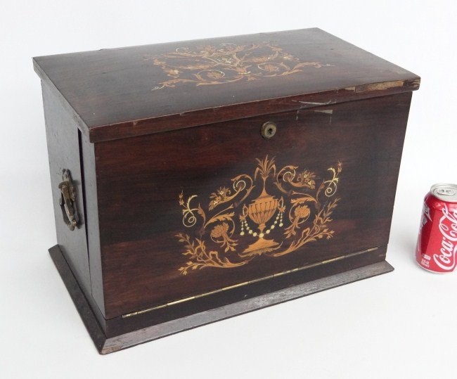 19th c. Inlaid Writing Box: 19th c. inlaid drop front writing box with full interior. Sides of case have handles. 17" W 10" D 12" Ht.