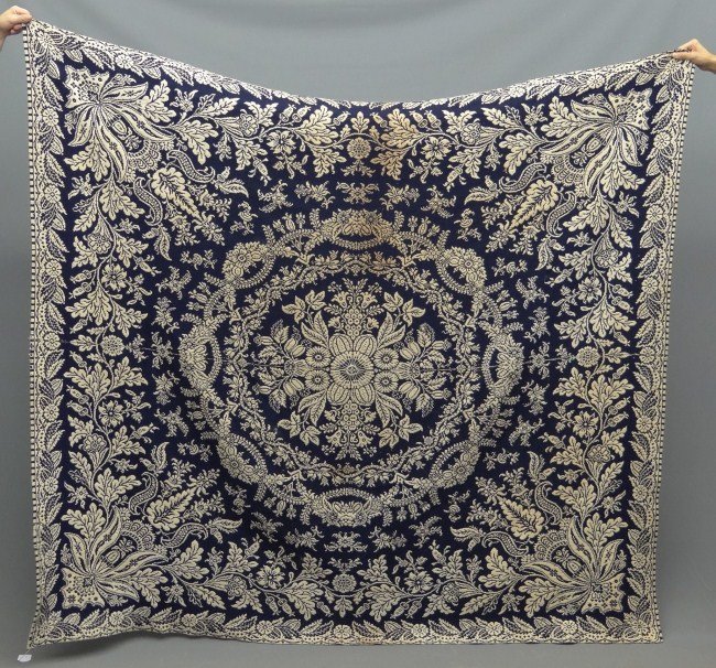 Coverlet: 19th c. blue and white coverlet. 76" x 87 1/2". Some staining.