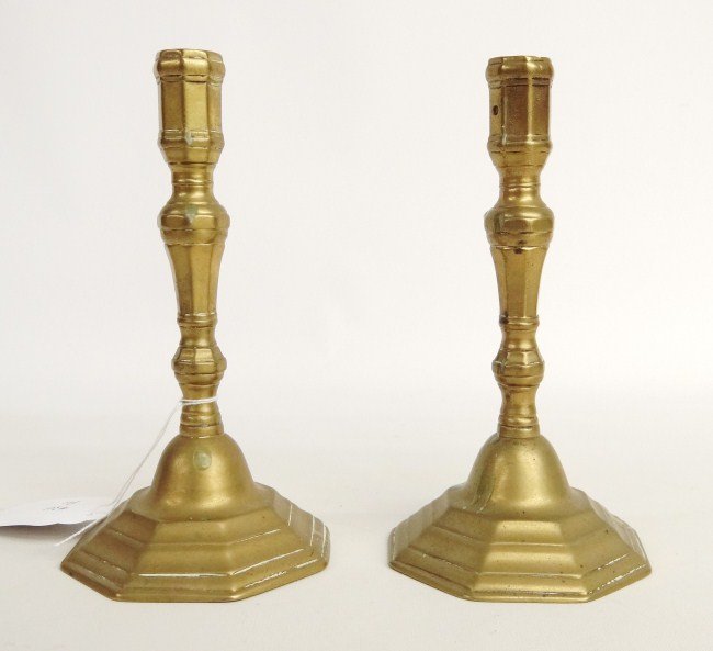 Pair Early French Candlesticks: Pair 17th c. French brass candlesticks. 8" Ht.