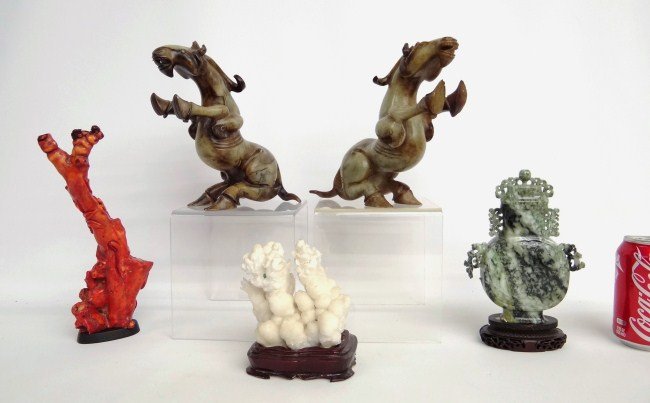Asian Lot: Lot including pair soapstone horses (8" Ht., as found), crystal scholar rock on stand (4" W 5" Ht.), red coral on stand (10" Ht.), jade vase on stand (8 1/2" H.t).