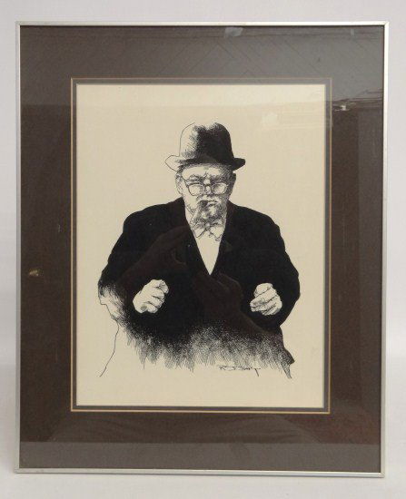 Painting Churchill: Ink drawing Winston Churchill signed illegibly "R.J. Shay" (?). Sight 14" x 11".