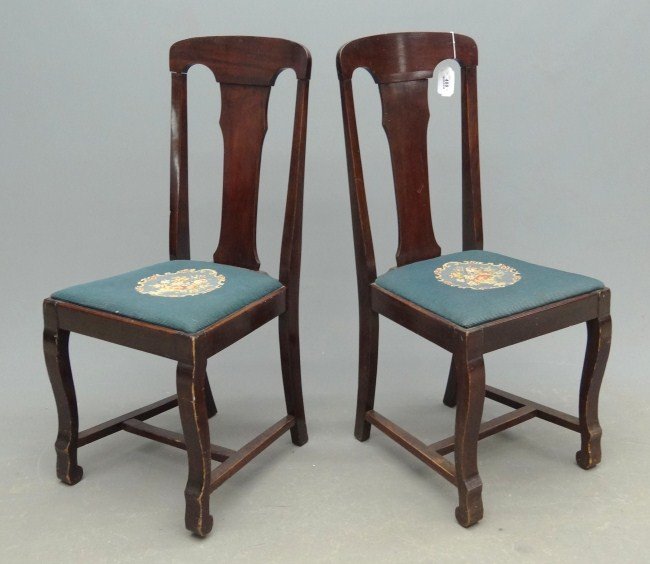 Pair Needlepoint Seat Chairs: Pair c. 1900's needlepoint seat "T" back chairs. 18" Seat Ht. 39" Overall Ht.