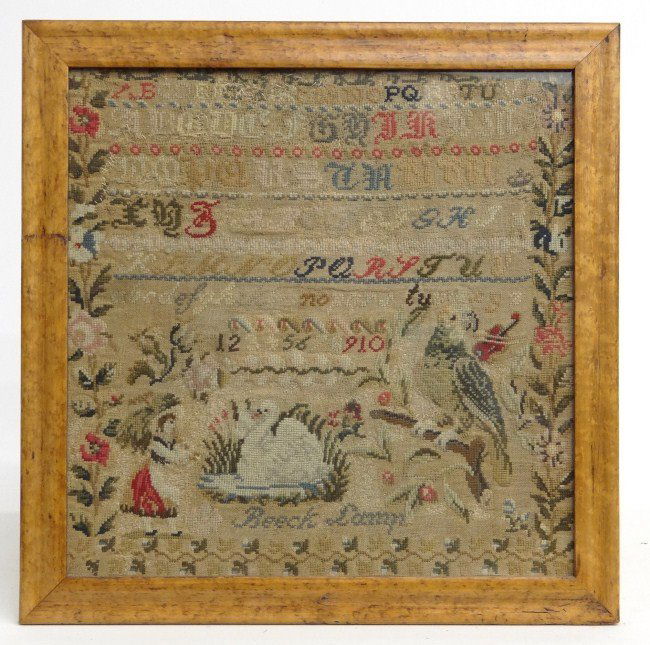 19th c. Sampler: 19th c. needlework sampler having alphabet, animals and name "Beeck Lamp" (?). Sight 15" x 15". Provenance McCutcheon collection New Jersey.