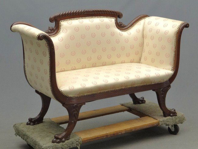 Federal Style Settee: Federal style settee in the manner of Duncan Phyfe. Rope twisted crest with cornucopias, base has fluted apron and carved paw feet. 56" W 21 1/2" D 35" Ht. Provenance McCutcheon collection New Jersey.