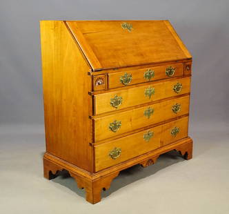 18th c. Slant Lid Desk: 18th c. maple slant lid desk. Two slide pull drawers with fan carvings. Carved drop pendant, bracket base, fitted interior (one drawer fan carved). 38" x 19" x 41".