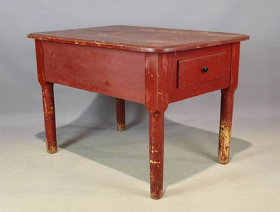 19th c. Continental Work Table: 19th c. single drawer Continental work table with single drawer. Old red paint. 30" x 42" x 29 1/2".