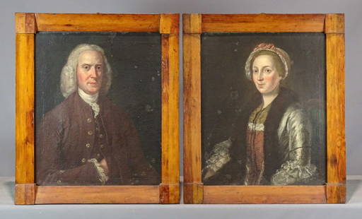 Pair 19th c. Ancestral Portraits: Pair of early 19th c. Ancestral portraits of a man and woman. Oil on canvas. Matching frames. 29" x 24", overall 35" x 40".