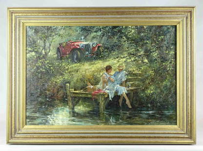 Alan Fearnley (b. 1942): Painting: Alan Fearnley (b. 1942), couple relaxing by water with early car in background. Oil on canvas (20" x 29 1/2", overall 26 1/2" x 37".