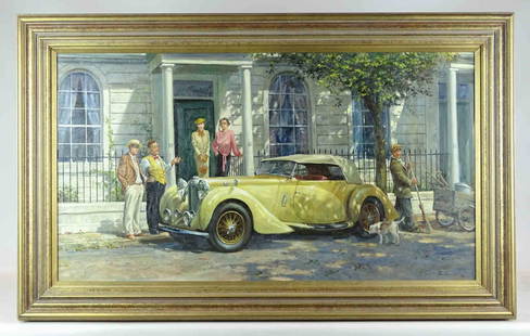 Alan Fearnley (b. 1942): Painting: Alan Fearnley (b. 1942), street scene with people around early automobile. Oil on canvas. 22" x 40", overall 29" x 46 1/2".