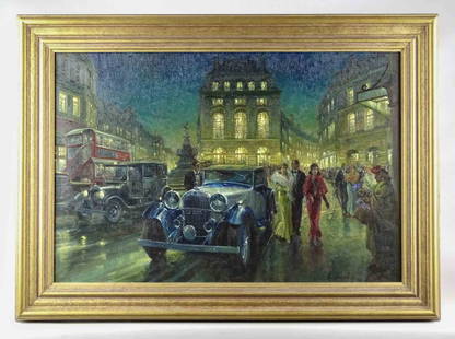 Alan Fearnley (b. 1942): Painting: Alan Fearnley (b. 1942), night street scene with people and early automobile. Oil on canvas. 20" x 30", overall 26" x 36".