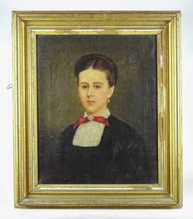 Painting: 19th c. Portrait of a Woman: Painting: 19th c. Ancestral portrait of a woman. Oil on canvas. Signed George D' Almaine (19th c., was active in MD. And Ill..). Gilded frame (22" x 18", overall 28 1/2" x 24").