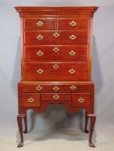 18th c. Newport Highboy: 18th c. mahogany Newport R.I. Queen Anne highboy. Flat top with slipper feet. Secret top drawer. 40" x 21" x 74 1/2" Ht..