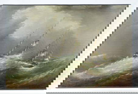 Attributed to Samuel Walters (United Kingdom, 1811-1882): Painting: 19th c. seascape. Oil on canvas. Bonhams tag attached. 20" x 30". Attributed to Samuel Walters (United Kingdom, 1811-1882).