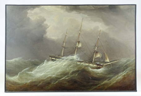 Attributed to Samuel Walters (United Kingdom, 1811-1882): Painting: 19th c. seascape. Oil on canvas. Bonhams tag attached. 20" x 30". Attributed to Samuel Walters (United Kingdom, 1811-1882).