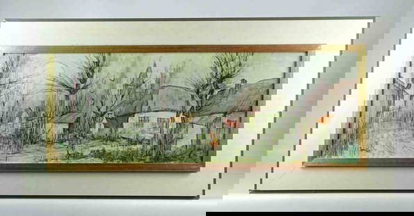 Continental School, Landscape: Painting: Continental School, landscape, signed LLC. Oil on canvas. 12" x 31 1/2", overall 18 3/4" x 38".