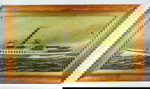 Trevor James (20th Century): Painting: Marthas Vineyard paddlewheeler. Oil on canvas. Signed LRC "Trevor James" (20th Century). 18" x 36", overall 24" x 42".