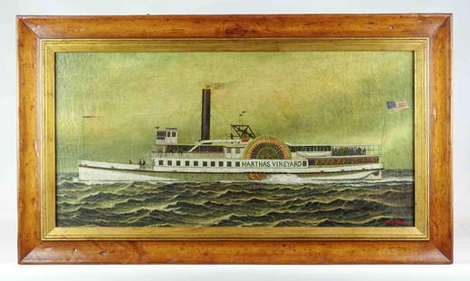 Trevor James (20th Century): Painting: Marthas Vineyard paddlewheeler. Oil on canvas. Signed LRC "Trevor James" (20th Century). 18" x 36", overall 24" x 42".