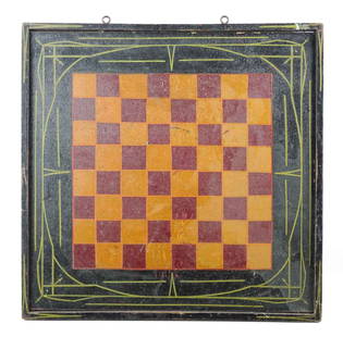 Early Game Board: Early painted two sided wooden game board. 18" x 17 3/4".