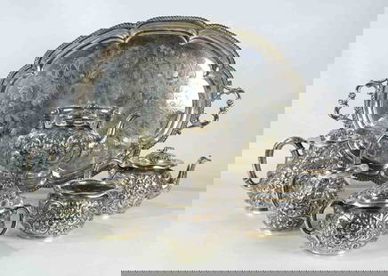 Silver Tea Set: Tea set including silver on copper tray (28" x 17", marked England), along with Dominick & Haff N.Y. (5) piece Sterling tea set. 3502 grams (tray not included).